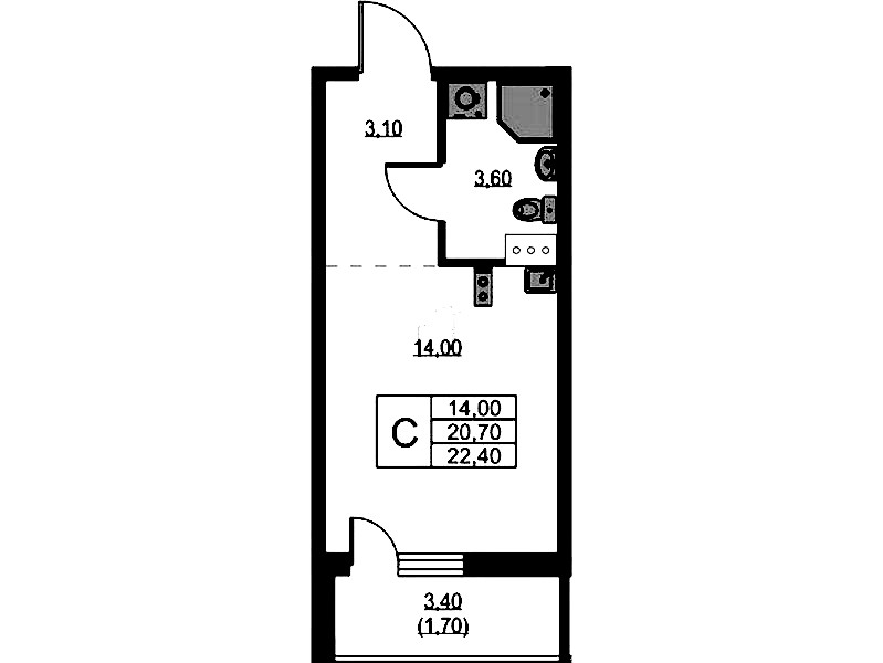 Квартира студия 22.5 м², 7/13 эт., ЖК «А101 Лаголово»